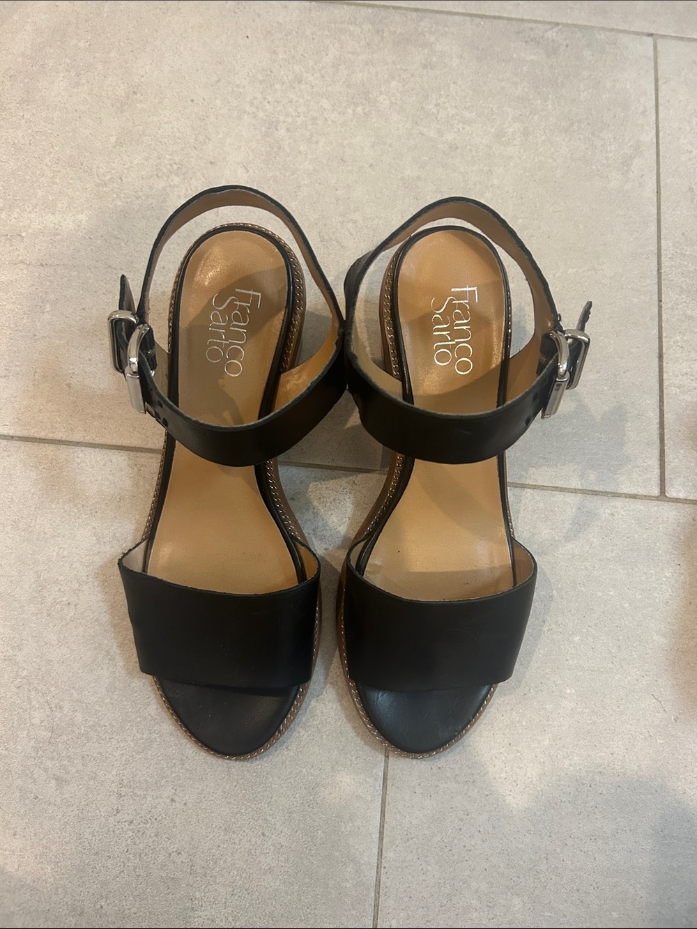 Franco Sarto Black Leather Open-Toe Ankle-Strap Heels